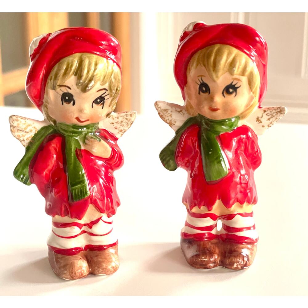 VTG Lefton Sweet Lil Angels Figurines with Berets Christmas Set of 2